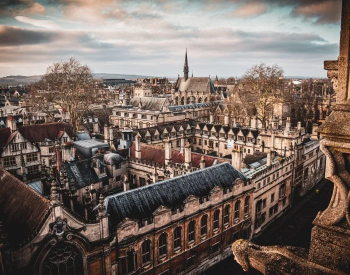 View of the University Church of St Mary the Virgin, opposite the Radcliffe Camera in Oxford, England