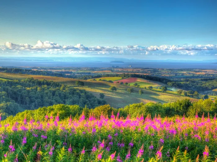 Quantock Hills Somerset countryside to Hinkley Point and Bristol Channel HDR