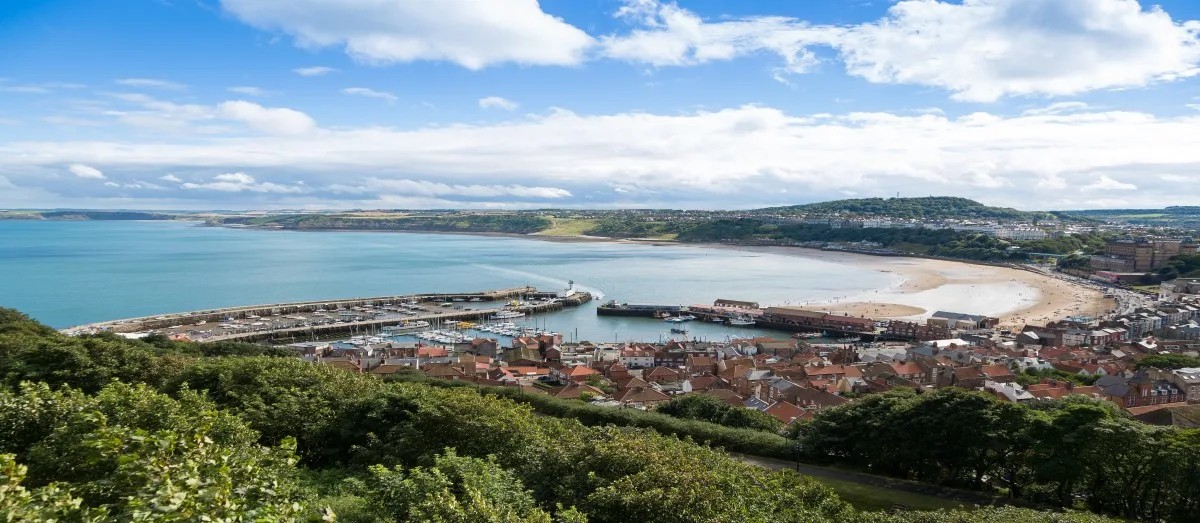 Scarborough harbour and beach in North Yorkshire, England