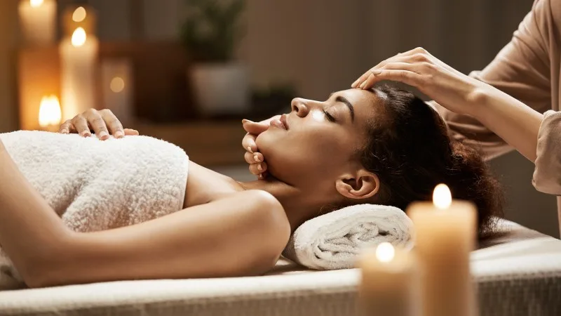 Attractive african girl enjoying face massage in spa salon.