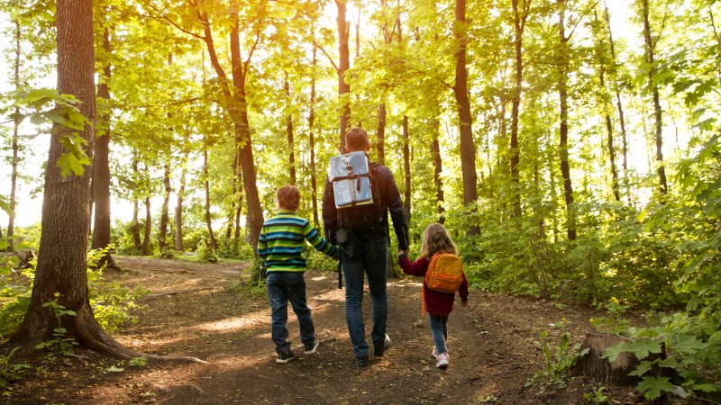 father and two kids with backpack hiking in forest. Social Distancing. Digital detox.