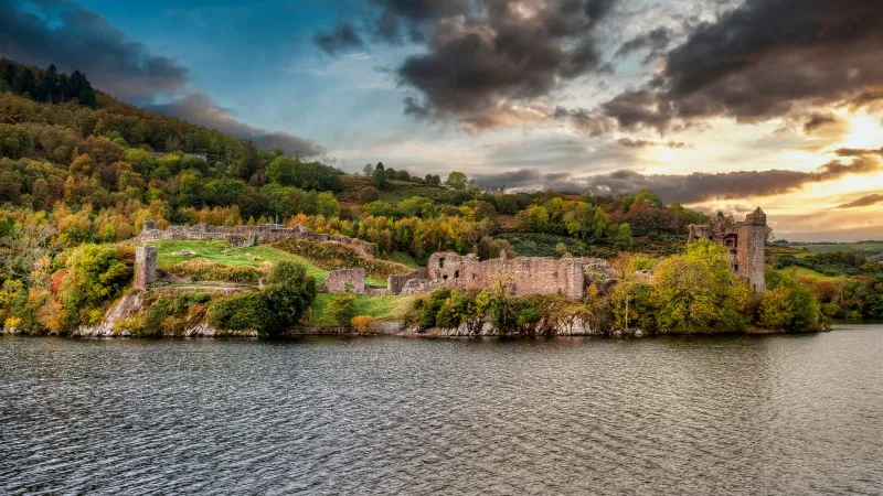 View of Urquhart Castle and Loch Ness in the Highlands of Scotland