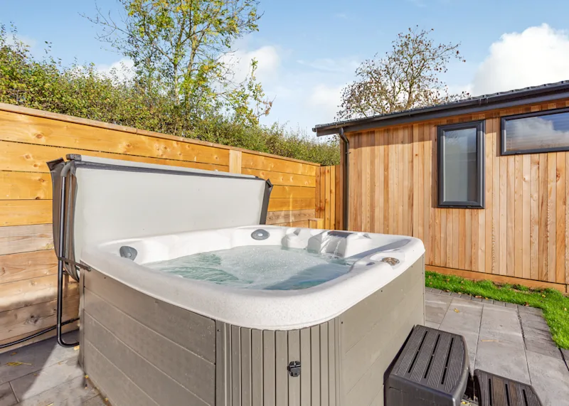 Hot tub lodge at Windmill Retreat & Spa (WIND) in Glastonbury, Somerset, England, UK
