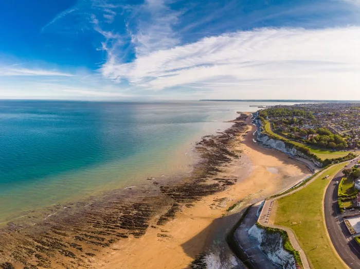 Drone aerial view of the beach and white cliffs, Margate