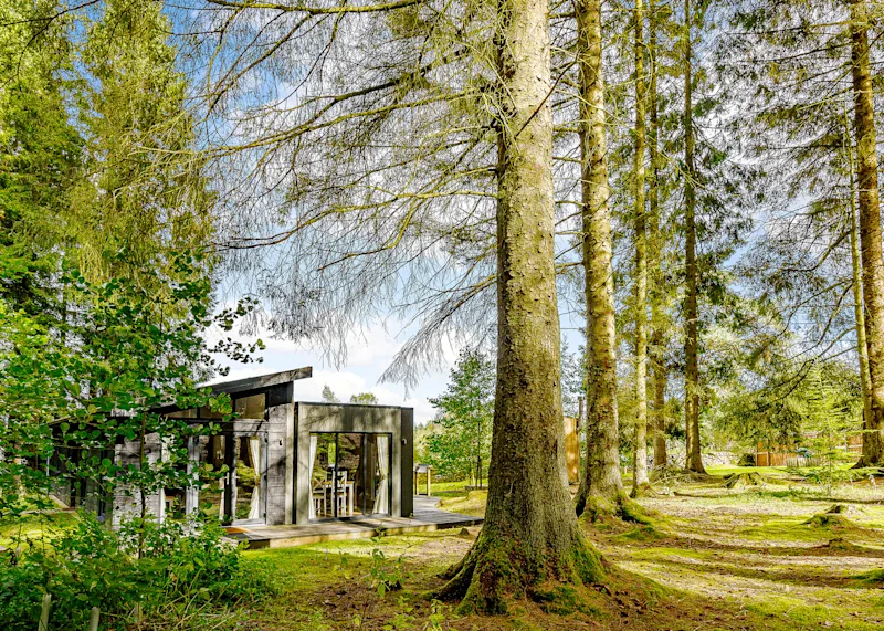Rural lodge at Kielder Waterside (KILD) in Kielder Water and Forest Park, Northumberland, England, UK