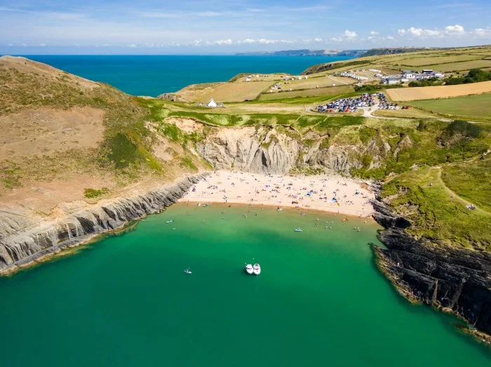 Aerial view of the spectacular sandy beach and bay of Mwnt in Ceredigion, Wales