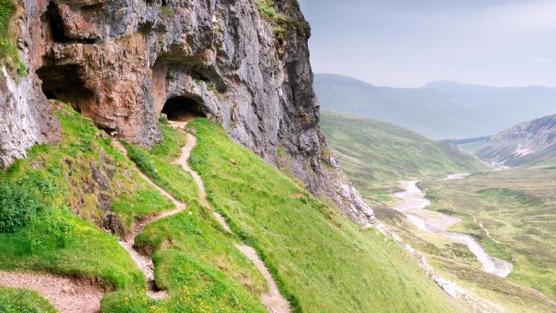 Beautiful landscape panorama of Creag nan Uamh or the Bone Caves, Scotland