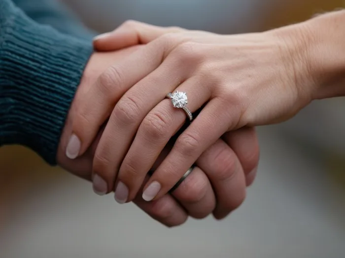 Nahaufnahme eines Paares, das sich an den Händen hält, wobei ein diamantener Verlobungsring am Finger der Frau hervorgehoben wird.