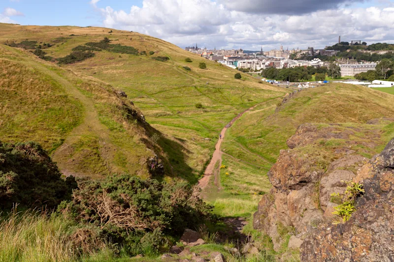 Holyrood Park, with Edinburgh city centre in the background, Scotland, UK