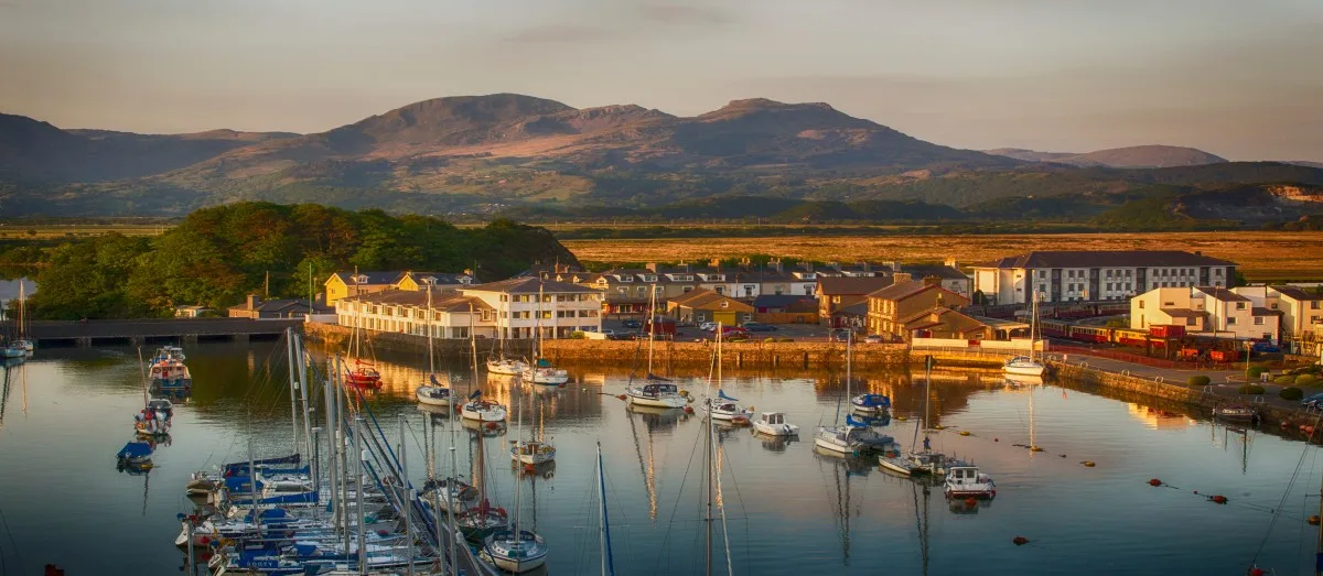 Sunset views of Porthmadog in Gwynedd, North Wales