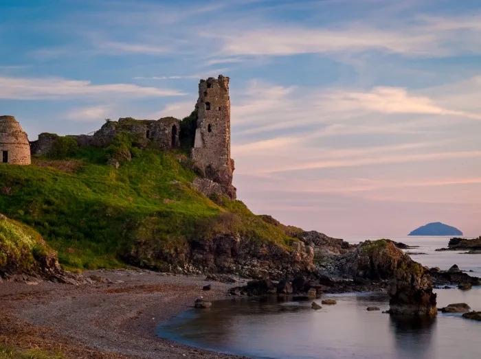 Sunset view of Dunure Castle in Ayrshire, Scotland