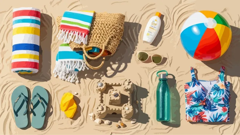 Summer beach vacation essentials flat lay: Beach towel, sunglasses, flip flops, sunblock, beach bag, water bottle, and cute floral swimsuit for fun