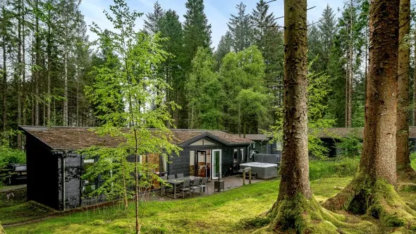 A lodge in the forest at Kielder Waterside (KILD) in Kielder Water and Forest Park, Northumberland, England, UK