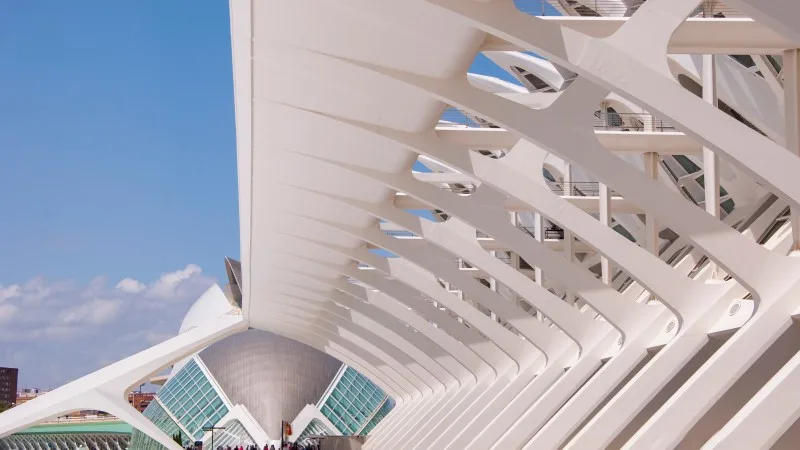 Valencia geometric architecture landmark. Geometric architecture sightseeing. Touristic city arts science. Travel to Valencia. City of arts and sciences.