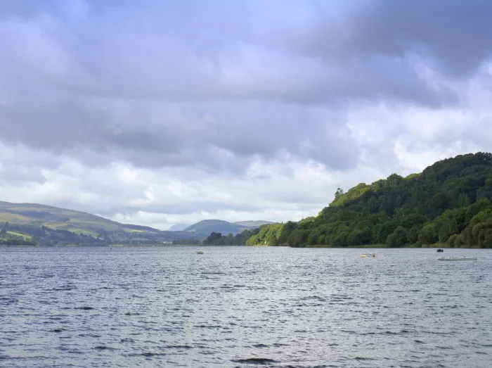 Bala Lake or Llyn Tegid with Aran Fawddwy mountains in Wales UK