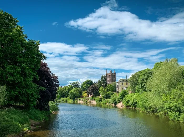 View of Herefordshire Cathedral across the River Wye, England