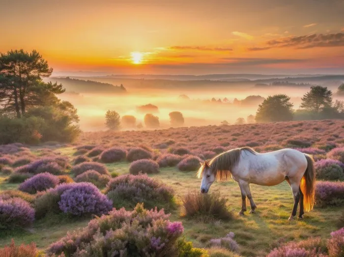 Serene sunrise at Rockford Common, New Forest, UK, featuring a gentle pony grazing amidst vibrant heather