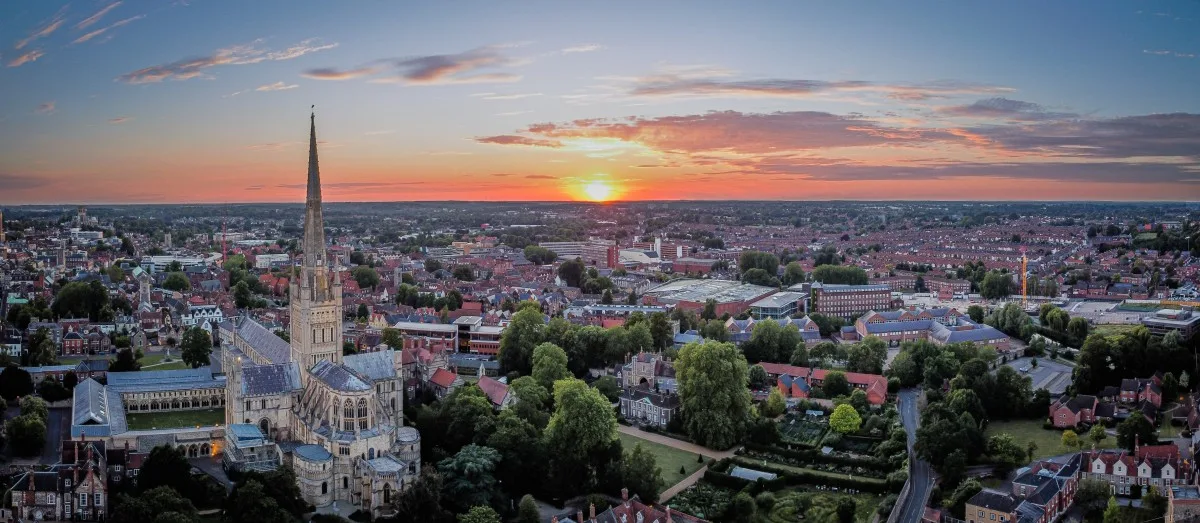 Norwich city skyline in Norfolk, England