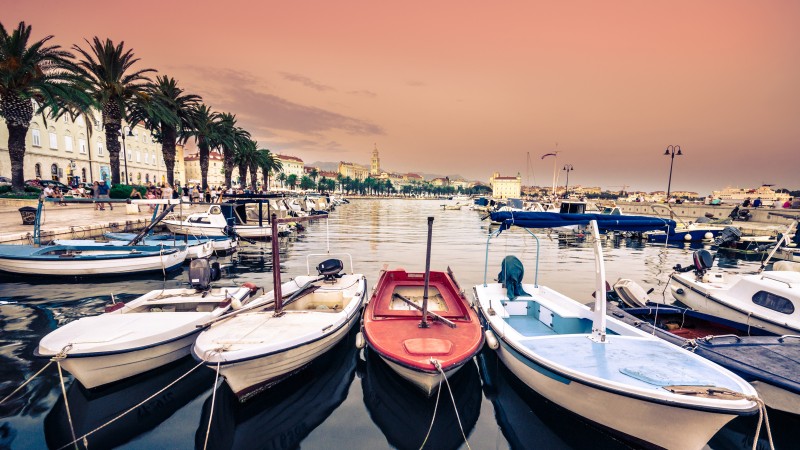 Picturesque scenery of the waterfront and harbor in Split, Croatia,