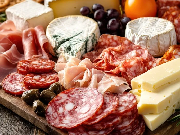 Assortment of different cheeses and charcuterie items on a serving platter, including slices of ham, salami, and various cheese types