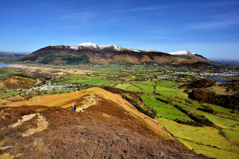 View of the landscape around Threlkeld near Keswick, including the mountains of Skiddaw and Blencathra, Cumbria, Lake District, England, UK