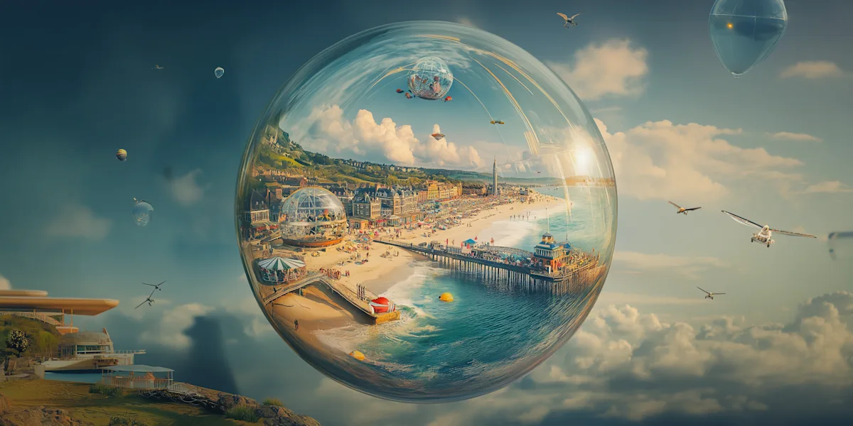 AI-generated image of a magical crystal ball revealing a futuristic holiday scene