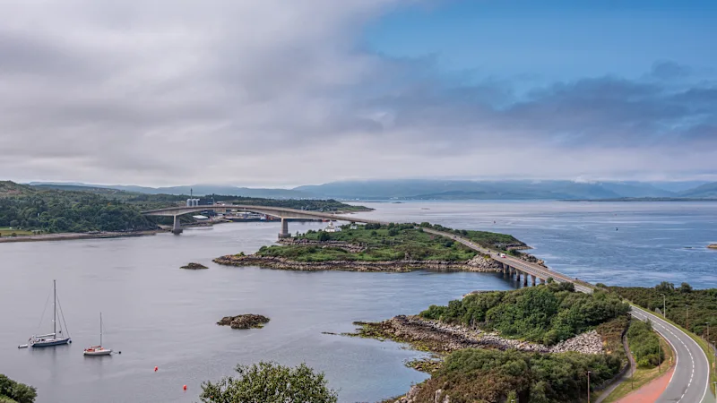 View of the Skye Bridge over Loch Alsh in the Highlands, Scotland, connecting the Isle of Skye to the island of Eilean Bàn and onto the mainland of Kyle of Lochalsh