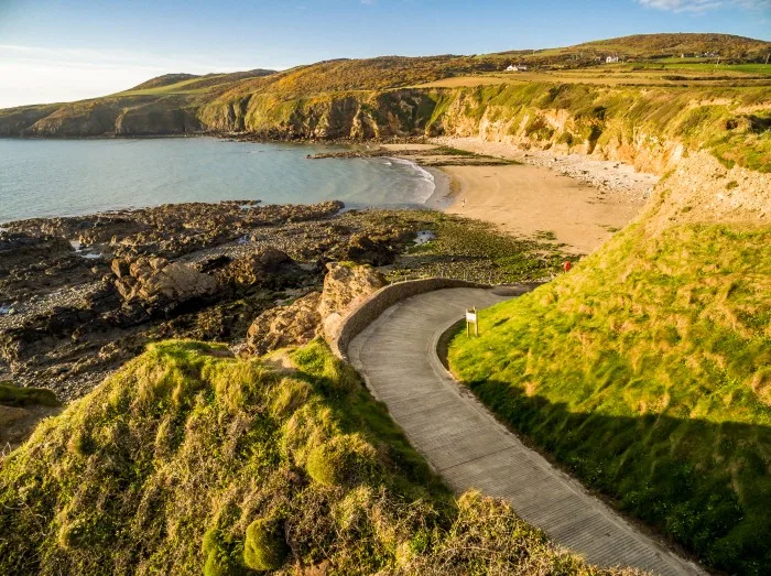 Aerial view of Church Bay in Anglesey North Wales UK during sunset