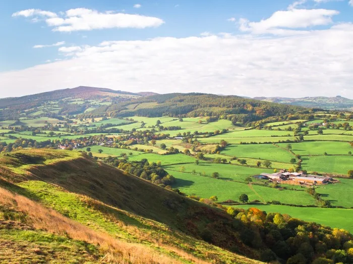 Expansive farmland as seen from Pontesford Hill in Shropshire, England