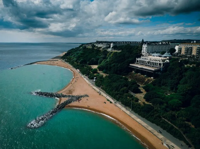 Aerial view of the Leas Cliff Hall and coast in Folkestone