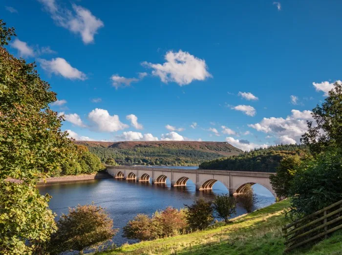 Ashopton Viaduct above Ladybower Reservoir, which are located in the Upper Derwent Valley, at the heart of the Peak District National Park