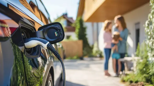 Electric vehicle charging outside a house