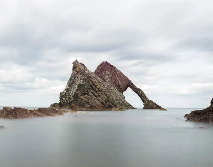 Bow Fiddle Rock on the Moray Firth coast near Buckie, Scottish Highlands, Scotland