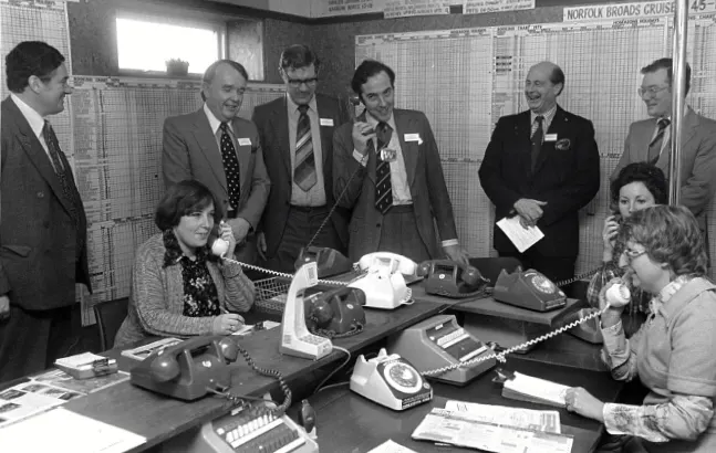 Norfolk Broads Boat Booking Office with members of the local tourist board & Mr Hoseason circa 1979