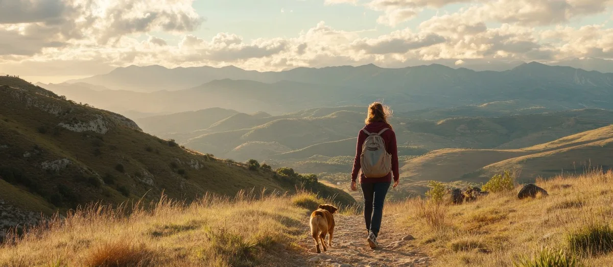 A Woman and Her Dog Hike Through Mountainous Landscape