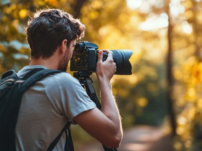 A photographer capturing nature's beauty during golden hour in a lush forest in the early evening