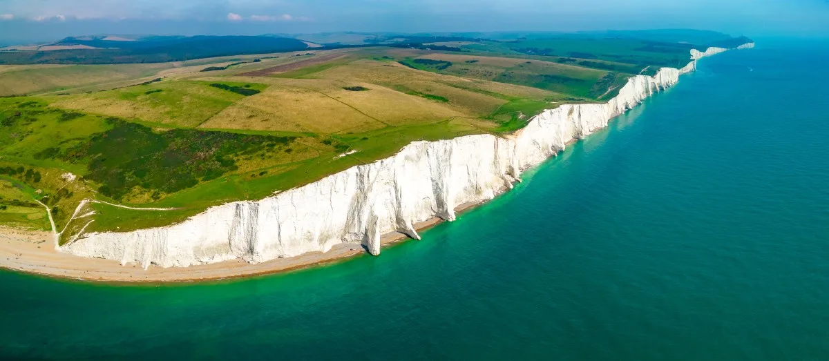 Aerial view of the Seven Sisters cliffs near Eastbourne, Sussex, England
