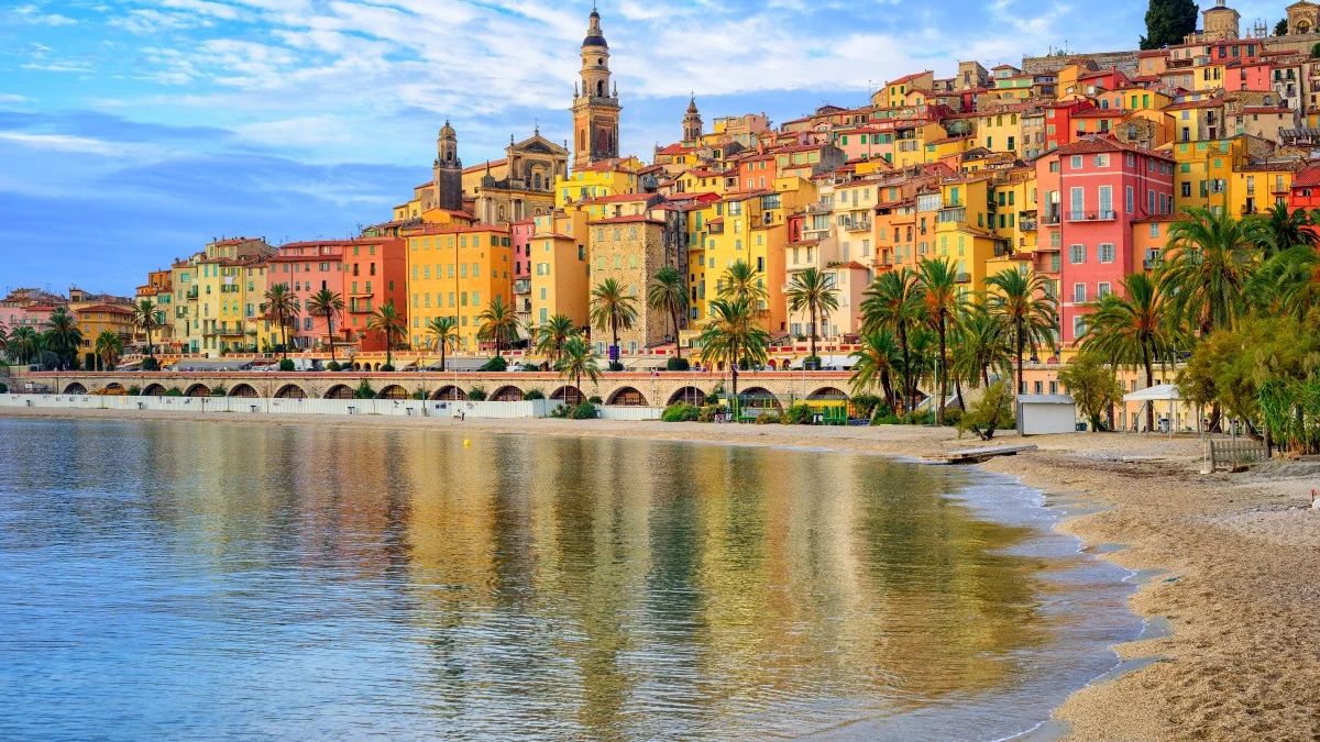 Colorful medieval town Menton on Riviera, Mediterranean sea