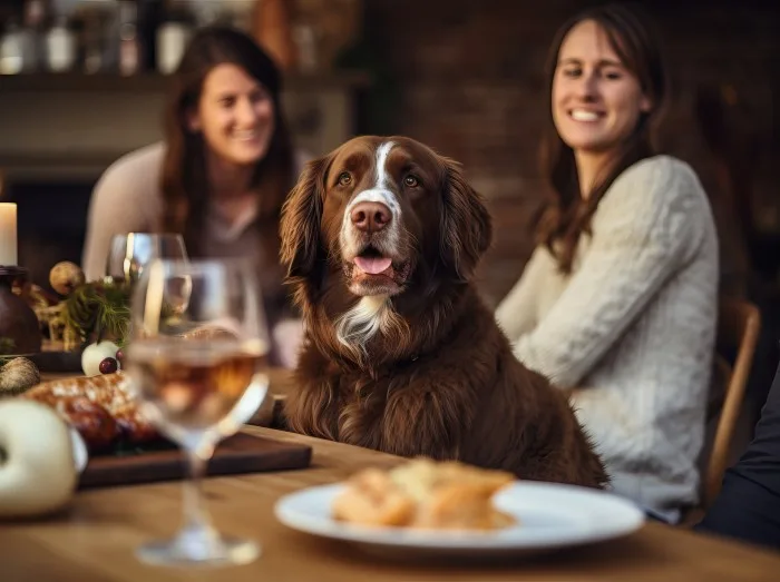 a dog is sitting at a table with people, food on the table,