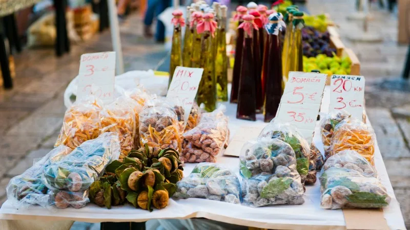 Market stall in Dubrovnik Market, aka Gundulic fruit market in Gundulic Square, Dubrovnik
