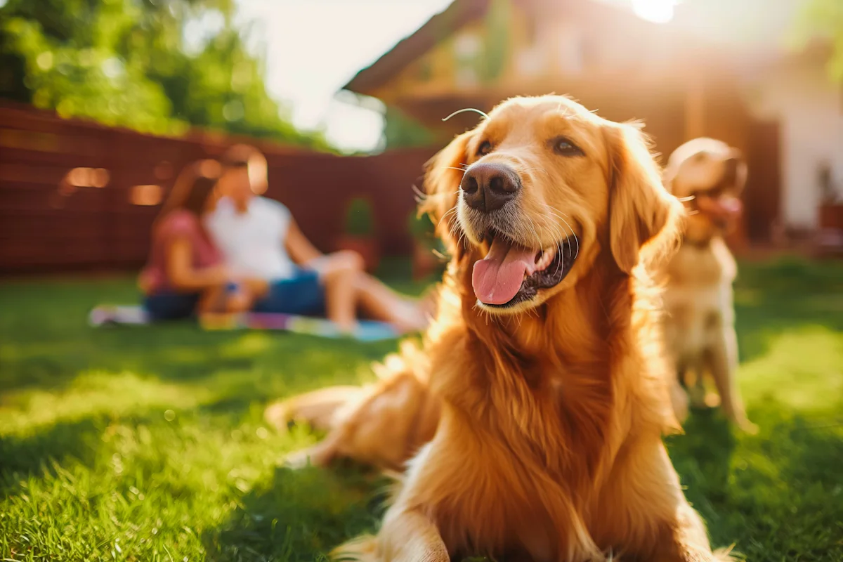 Happy family playing with happy golden retriever dog on the backyard lawn.