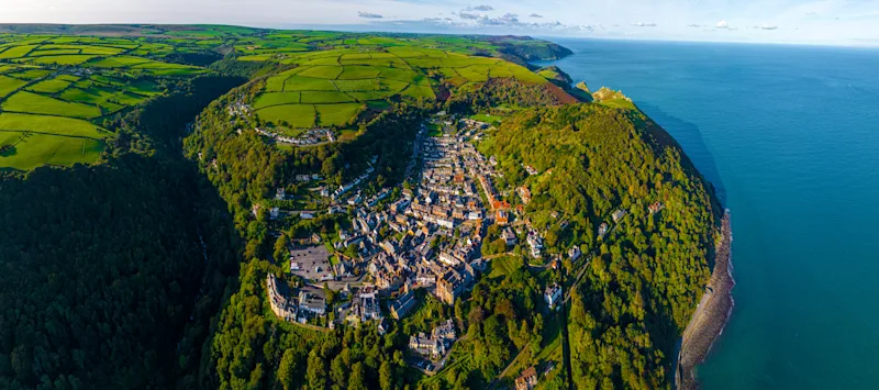 Aerial view of the Victorian village of Lynton on the North Devon Coast, UK