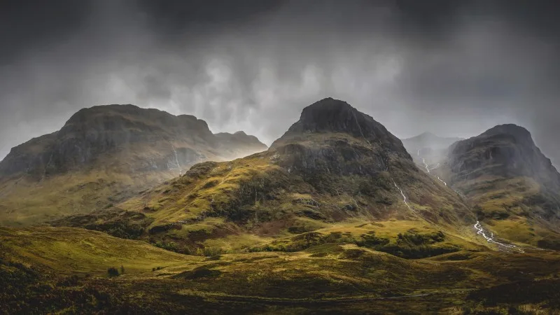 The Three Sisters Mountains, Glencoe in the Scottish highlands. Famous three peaks of Glencoe.