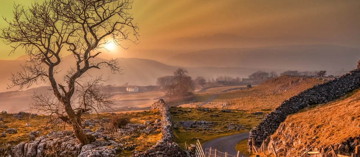 Sunset across the Yorkshire Dale from above the market town of Settle