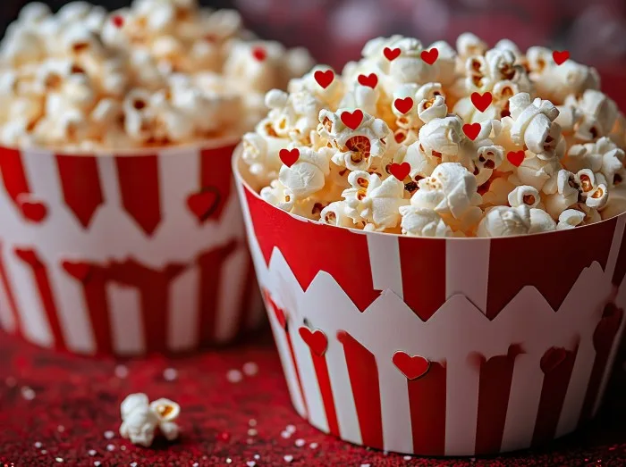 Zwei gestreifte Popcornschachteln mit Herzdekoration auf einem roten Tisch für einen Filmabend zum Valentinstag.