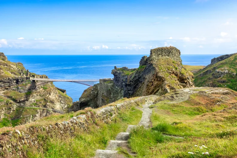Views of the sea and bridge from Tintagel Castle in Cornwall, England, UK