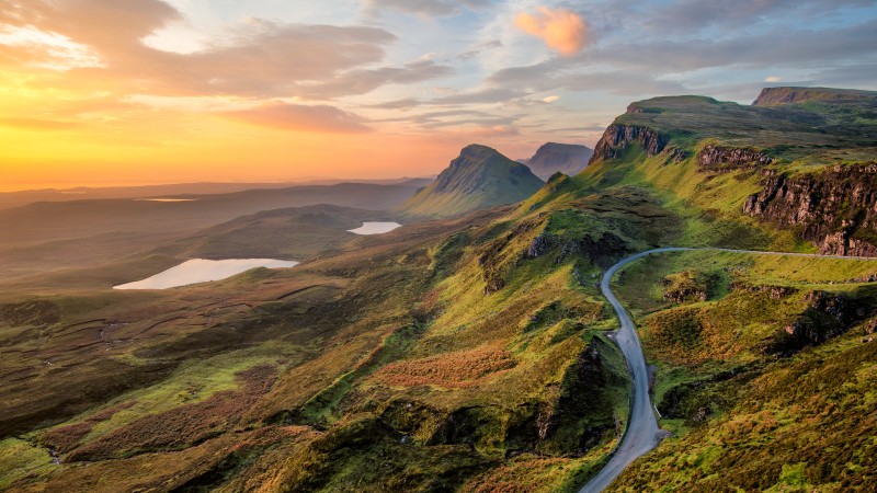 Vibrant sunrise at Quiraing on the Isle of Skye, Scotland.