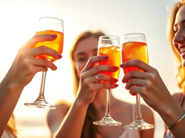 Three young women toast with Spritz cocktails at sunset. 