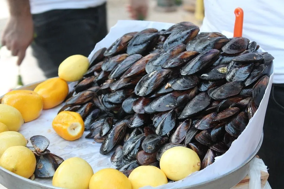 mussels and lemon on ice