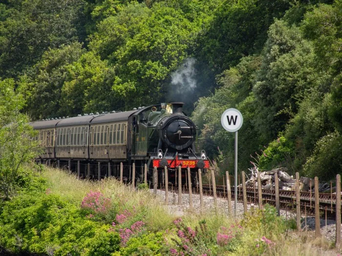 Steam train on green hills. Dartmouth Steam Railway is a heritage railway on the former Great Western Railway
